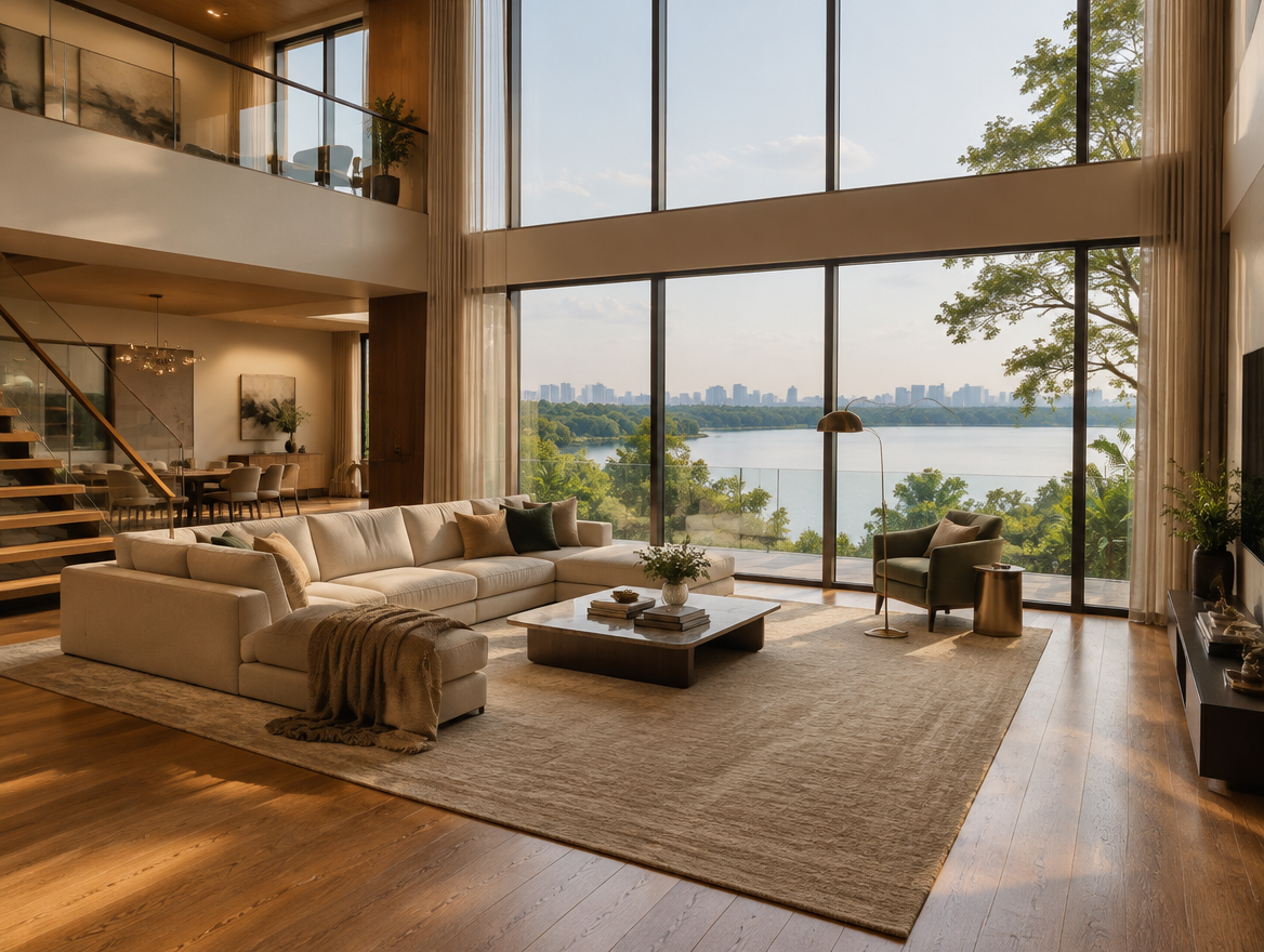 Embassy Lake Terraces duplex living room with Hebbal lake view (representative image)